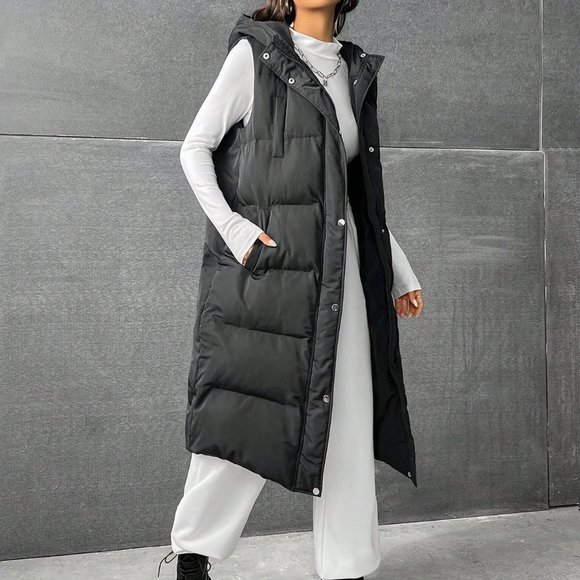 Black Preppy Womens Zip Up Snap Button Drawstring Hooded Puffer Vest Coat - Picture 3 of 6